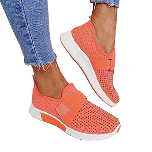 ORANDESIGNE Damen Casual Sneakers Trainer Dickbesohlige Casual Slip-on Einfarbig Strass Licht Atmungsaktive Walking Jogging Outdoor Flache Schuhe Orange 37 EU von ORANDESIGNE