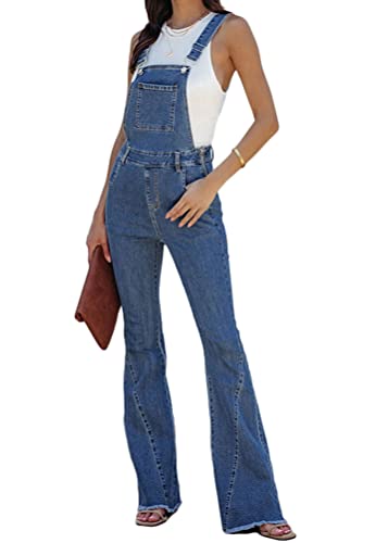 ORANDESIGNE Damen Denim Bib Overalls Lässig Stretch Verstellbar Denim Lätzchen Overall Jeans-Hosen Frauen Lässig Weites Bein Baggy Jumpsuits mit Taschen B Blau XL von ORANDESIGNE