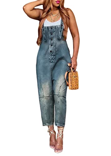 ORANDESIGNE Damen Denim Bib Overalls Lässig Stretch Verstellbar Denim Lätzchen Overall Jeans-Hosen Frauen Lässig Weites Bein Baggy Jumpsuits mit Taschen C Blau L von ORANDESIGNE