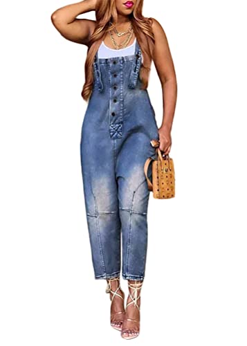 ORANDESIGNE Damen Denim Bib Overalls Lässig Stretch Verstellbar Denim Lätzchen Overall Jeans-Hosen Frauen Lässig Weites Bein Baggy Jumpsuits mit Taschen C Dunkelblau L von ORANDESIGNE