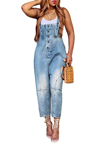 ORANDESIGNE Damen Denim Bib Overalls Lässig Stretch Verstellbar Denim Lätzchen Overall Jeans-Hosen Frauen Lässig Weites Bein Baggy Jumpsuits mit Taschen C Hellblau 3XL von ORANDESIGNE