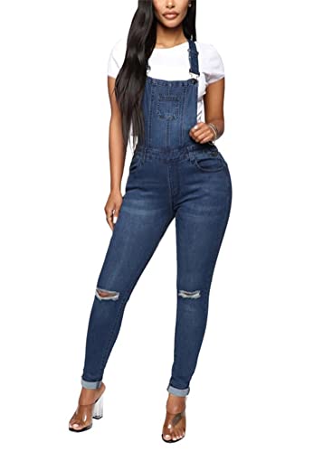 ORANDESIGNE Damen Denim Bib Overalls Lässig Stretch Verstellbar Denim Lätzchen Overall Jeans-Hosen Frauen Lässig Weites Bein Baggy Jumpsuits mit Taschen H Dunkelblau XL von ORANDESIGNE