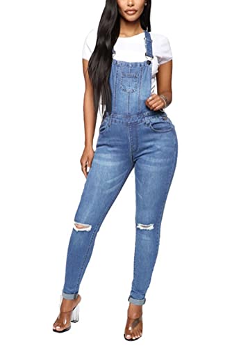 ORANDESIGNE Damen Denim Bib Overalls Lässig Stretch Verstellbar Denim Lätzchen Overall Jeans-Hosen Frauen Lässig Weites Bein Baggy Jumpsuits mit Taschen H Hellblau XL von ORANDESIGNE