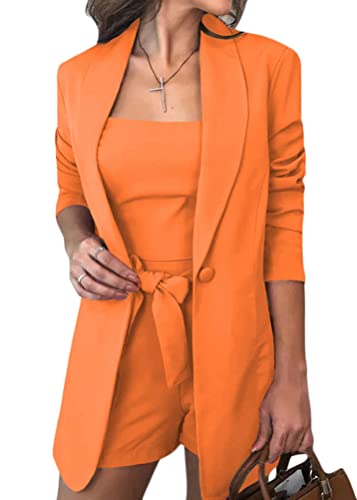 ORANDESIGNE Damen Elegant Business Shorts Anzug Set Hosenanzug Blazer Hose 2-teilig Anzug Einfarbig Zweiteiler Slim Fit Streetwear A Orange S von ORANDESIGNE