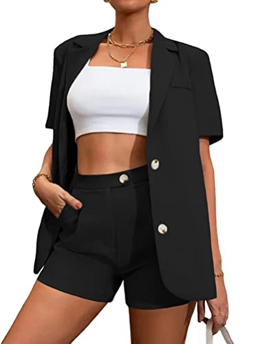 ORANDESIGNE Damen Elegant Business Shorts Anzug Set Hosenanzug Blazer Hose 2-teilig Anzug Einfarbig Zweiteiler Slim Fit Streetwear C Schwarz XS von ORANDESIGNE