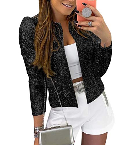 ORANDESIGNE Damen Elegant Langarm Blazer Sakko Einfarbig Slim Fit Pailletten Jacke Kurz Mantel Anzüge Bolero Party Outwear Cardigan Blazer Tops Schwarz 36 von ORANDESIGNE