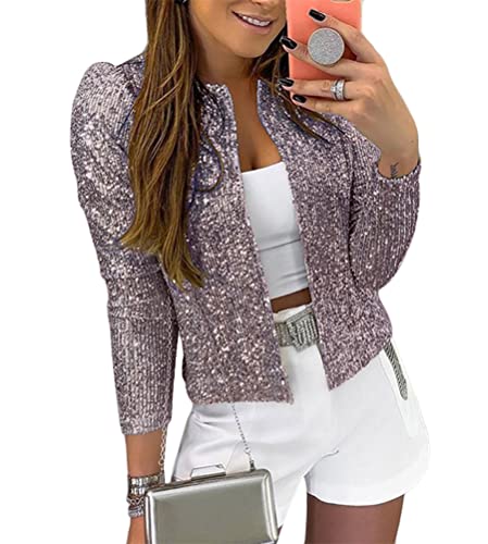 ORANDESIGNE Damen Elegant Langarm Blazer Sakko Einfarbig Slim Fit Pailletten Jacke Kurz Mantel Anzüge Bolero Party Outwear Cardigan Tops Grau 40 von ORANDESIGNE