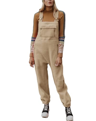 ORANDESIGNE Damen Fleece Warm Latzhose Frauen Lose Lässig Jumpsuits mit Taschen Winter Arbeitshose Overalls A Khaki XXL von ORANDESIGNE