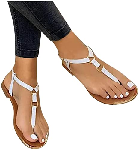 ORANDESIGNE Damen Flip Flops Flache Sandalen Zehentrenner Sandals Flip Toe-Thong Sommerschuhe Frauen Schaftsandalen Elegant Römersandalen Riemchensandale Sommer Strandschuhe E Weiß 38 EU von ORANDESIGNE