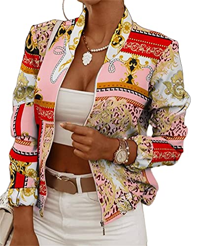 ORANDESIGNE Damen Jacke Casual Bomberjacke Langarm Bikerjacke Rundhalsausschnitt Blumendruck Reißverschluss Outwear Herbst Frühling Übergangsjacke J Rosa XS ORANDESIGNE Damen Jacke Casual Bomberjacke Langarm Bikerjacke Rundhalsausschnitt Blumendruck Reißverschluss Outwear Herbst Frühling Übergangsjacke J Rosa XS von ORANDESIGNE