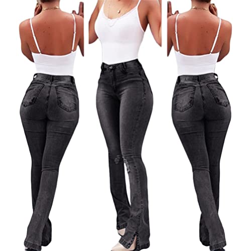 ORANDESIGNE Damen Jeans mit Schlaghose für Frauen Hoch Tailliert Schlaghosen mit Klassisch Weitem Bein Zerrissene Denim Hosen Kurvige Bootcut Stretch Jeans A Schwarz XL von ORANDESIGNE