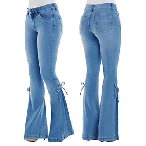 ORANDESIGNE Damen Jeans mit Schlaghose für Frauen Hoch Tailliert Schlaghosen mit Klassisch Weitem Bein Zerrissene Denim Hosen Kurvige Bootcut Stretch Jeans B Dunkelblau L von ORANDESIGNE