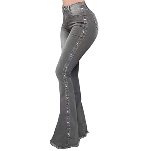 ORANDESIGNE Damen Jeans mit Schlaghose für Frauen Hoch Tailliert Schlaghosen mit Klassisch Weitem Bein Zerrissene Denim Hosen Kurvige Bootcut Stretch Jeans D Grau 3XL von ORANDESIGNE