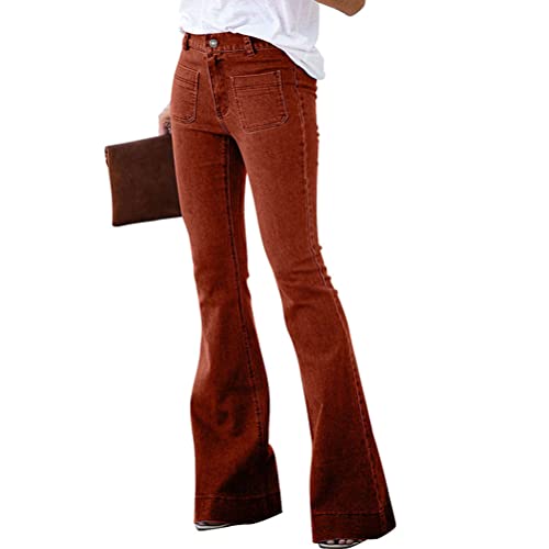ORANDESIGNE Damen Jeans mit Schlaghose für Frauen Hoch Tailliert Schlaghosen mit Klassisch Weitem Bein Zerrissene Denim Hosen Kurvige Bootcut Stretch Jeans G Braun L von ORANDESIGNE