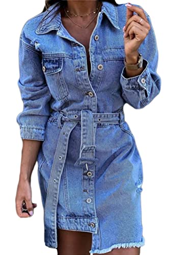 ORANDESIGNE Damen Jeanskleid Sommerkleid Sexy Lange Ärmel A-Linie Elegant Vintage Minikleid Slim Fit Bodycon Denim Kleid B02 blau XL von ORANDESIGNE