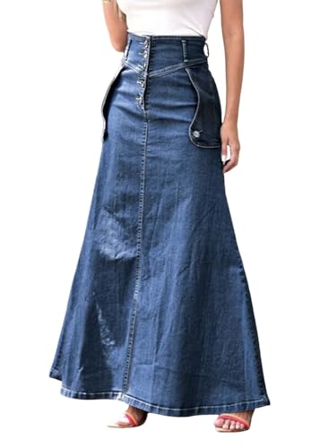 ORANDESIGNE Damen Jeansrock Lang Midirock Denim Maxi Jeansrock Mit Weit Ausgestelltem Hohe Taille Rock Knielang A-Linie Sommer Rock Mit Falten Maxirock Sommer Rock B Blau XL von ORANDESIGNE