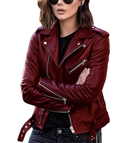 ORANDESIGNE Damen Kunstlederjacke Übergangsjacke Reißverschluss Langarm Motorradjacke Bikerjacke Kurzmantel Reverskragen Outwear Jacke Kurze Rot XL von ORANDESIGNE