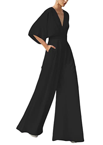 ORANDESIGNE Damen Kurzarm V-Ausschnitt Elegant Lang Jumpsuit Overall mit Gürtel Hosenanzug Playsuit Romper Schulterausschnitt Hose mit weitem Bein B Schwarz XL von ORANDESIGNE