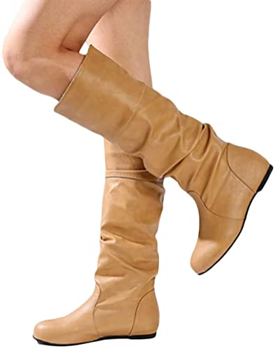 ORANDESIGNE Damen Lederstiefel Flache Stiefel Gürtelschnalle Seitlicher Reißverschluss Einfarbig Plissierte Stiefel mit Mittlerem Dickem Absatz Hohe Stiefel A Khaki 43 EU von ORANDESIGNE