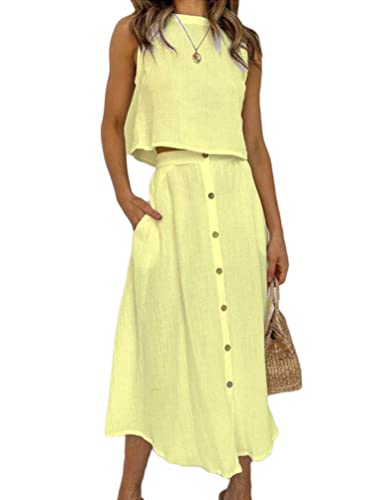ORANDESIGNE Damen Leinen Ärmelloses Top und Langer Rock Zweiteiliges Set Einfarbiges Rundhalsausschnitt Oberteil Knopfdekoration Maxirock mit Unregelmäßigem Saum und Taschen A Gelb M ORANDESIGNE Damen Leinen Ärmelloses Top und Langer Rock Zweiteiliges Set Einfarbiges Rundhalsausschnitt Oberteil Knopfdekoration Maxirock mit Unregelmäßigem Saum und Taschen A Gelb M von ORANDESIGNE