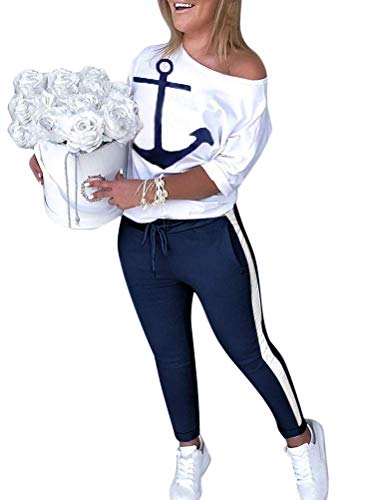 ORANDESIGNE Damen Mode 2 Stück Set Outfits Langarm Trägerlos T-Shirt +Reizvolle Bodycon Paket Hüfte Hosen Beiläufig Outfit Sport Bekleidung A Weiß 40 von ORANDESIGNE