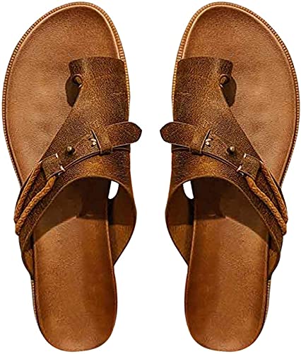 ORANDESIGNE Damen Mode Sommer Sandalen Casual Ring Toe Wedges Leder Hausschuhe Sandalen Outdoor-Schuhe Pantoffeln Slippers Keilabsatz Schuhe Plateau Bequeme Orthopädische Sandalen A Braun 38 EU von ORANDESIGNE