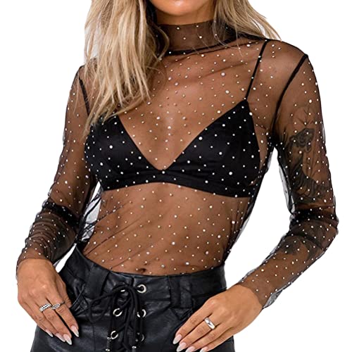 ORANDESIGNE Damen Netzstoff T-Shirt Rundhals Party Oberteil Schwarz Glitzer-Top Kurzarm Durchsichtig Crop Top Transparent Bauchfrei T-Shirts Club Mesh Oberteile Bluse Tunika M Schwarz M von ORANDESIGNE