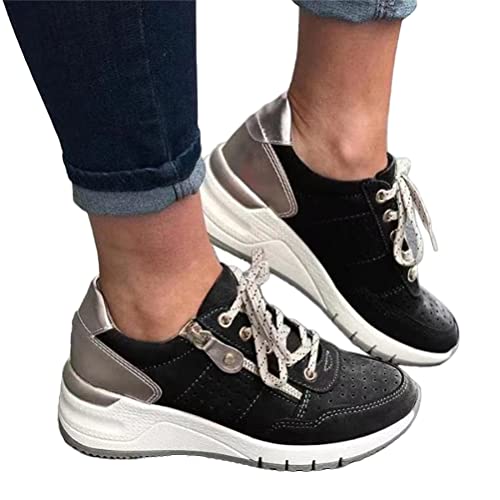 ORANDESIGNE Damen Plateau Sneaker Freizeitschuhe Mode Keilabsatz Flache Schuhe Schnüren Bequeme Sneakers Weiblich Atmungsaktive Outdoor Laufschuhe A Schwarz 38 EU von ORANDESIGNE