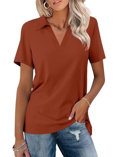 ORANDESIGNE Damen-Poloshirt, kurzärmelig, V-Ausschnitt, Sommer, Kragen, lässig, lockere T-Shirts, Orange/Abendrot im Zickzackmuster (Sunset Chevron), Groß von ORANDESIGNE