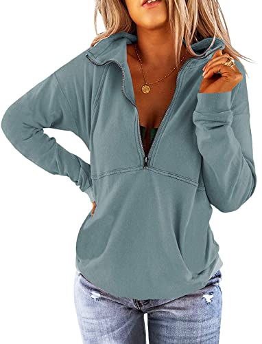 ORANDESIGNE Damen Pullover Halber Reißverschluss Ohne Kapuze mit Stehkragen V-Ausschnitt Oversize Lässig Outfit 1/4 Zip Herbst Jacke A-blau L von ORANDESIGNE