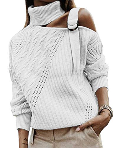 ORANDESIGNE Damen Rollkragenpullover Strickpullover Winter Lässiges Stricken Pulli Sweatshirt Oberteile Schulterfrei Elegant Strickpulli Sweater Oberteiles Tops B Weiß 34 von ORANDESIGNE