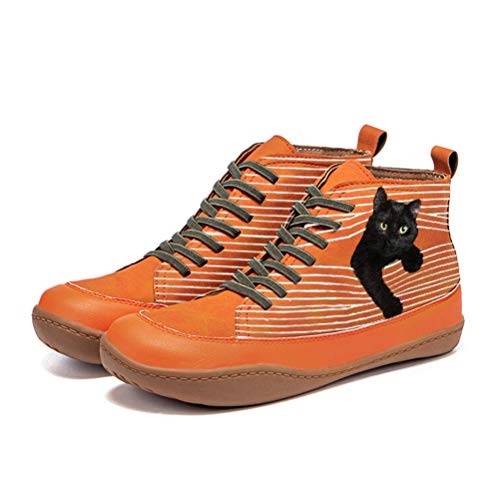 ORANDESIGNE Damen Schnürstiefel Cartoon 3D Druck Katzenmuster Flach Stiefeletten Lässige Tierdruck Stiefel High-Top Schnürhalbschuh Orange 38 EU von ORANDESIGNE