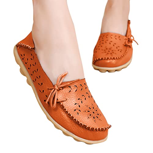 ORANDESIGNE Damen Segelschuhe Bootsschuhe Loafers Slipper Freizeit Schuhe Barfußschuh Weichen Leder Flache Schuhe Bequeme Fahr Schuhe Casual Slip On Atmungsaktiv Wanderschuhe A Orange 38 EU von ORANDESIGNE