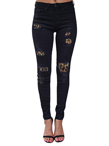 ORANDESIGNE Damen Skinny Jeans Rissen Löcher Leopard Patch Jeans mit Hoher Taille Dehnbar Lässig Slim Fit Zerstörte Jeans Lange Hosen B Schwarz M von ORANDESIGNE