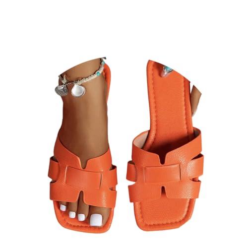 ORANDESIGNE Damen Slide Sandalen Frauen Slip-on Sommer Flache Sandalen PU-Leder Quadratische Zehe Sandalen Offene Zehe Formelle Urlaub Boho Slipper Schuhe A Orange 39 EU von ORANDESIGNE