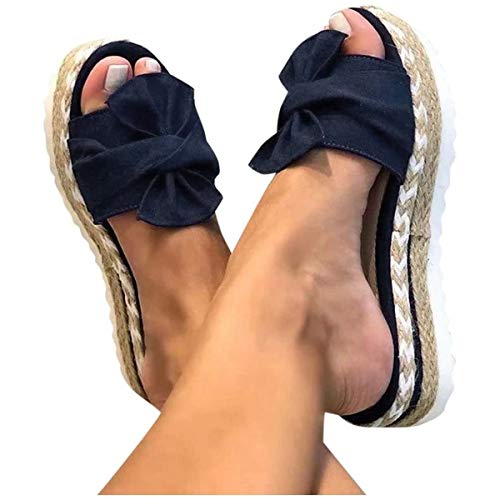 ORANDESIGNE Damen Sommer Sandalen Lässige Flache Schuhe Plateau Flat Heel Elegant Espadrilles Römersandalen Pantoletten Peep Toe Flip Flop Schuhe Strandsandalen B Blau 35 EU von ORANDESIGNE