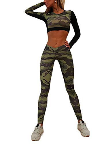 ORANDESIGNE Damen Sportanzug Trainingsanzug Stretch Langarm Crop Top + Leggings Fitness Set Sport Freizeit Zweiteiler Camouflage Yoga Gym Set A 01 Grün (Set) Medium von ORANDESIGNE