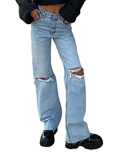 ORANDESIGNE Damen Stretch Straight Jeans Löchern Baggy Boyfriend Jeanshose Teenager Mädchen Lässig Denim Hosen Weich Pants Freizeithose 15 Blau M von ORANDESIGNE