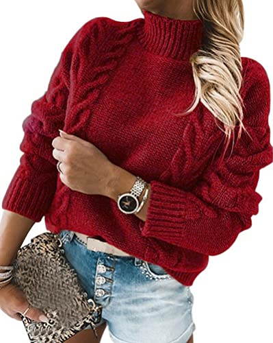 ORANDESIGNE Damen Strickpullover Grobstrick Pullover Sweatshirt Langarmshirt Rollkragen Casual Winter Top Rollkragen Pullover Langarm Pullover Sweatshirt Lose Grobstrick Tops B Rot XL von ORANDESIGNE