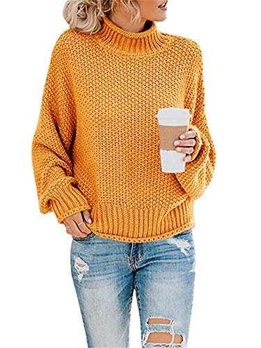 ORANDESIGNE Damen Sweater Pulli Langarm Casual Sexy Halbhoher Kragen Pullover Sweatshirt Damen Lässiger Farbblock Strickpullover Oberteile Strick Oversize Pullover A Gelb M von ORANDESIGNE