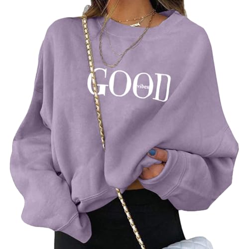 ORANDESIGNE Damen Sweatshirt Briefe Drucken Langarm Rundhals Pullover Warm Pulli Oversized Casual Bequem Teenager Mädchen Hoodie Sportbekleidung A Violett L von ORANDESIGNE