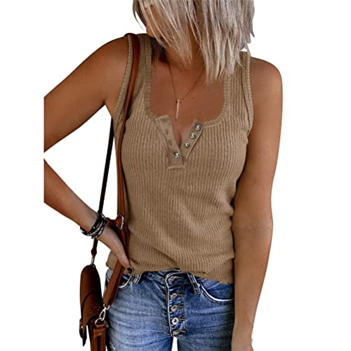 ORANDESIGNE Damen Tanktops mit V-Ausschnitt Sommer Gerippte Ärmellose Henley-Hemden Lässige Lose Geknöpfte Cami-Strick-T-Shirt E Khaki M von ORANDESIGNE