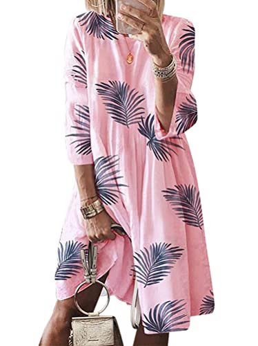 ORANDESIGNE Damen Tunika Kleid 3/4 Ärmel Rundhalsausschnitt Fransen Blumendruck Strandkleid Boho Tunika Sommerkleid Blumenkleid Lose A-Linie 3/4-Arm Tunika Mini Kleider Z2 Rosa L von ORANDESIGNE