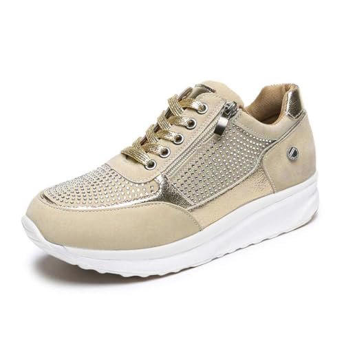 ORANDESIGNE Damen Turnschuhe Atmungsaktiv Laufschuhe Leichtgewichts Sportschuhe Freizeitschuhe Mode Reißverschluss Straßenlaufschuhe Sneaker Outdoor Walkingschuhe Beige 43 EU von ORANDESIGNE