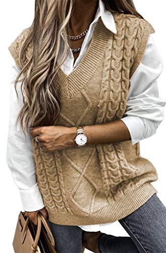 ORANDESIGNE Damen V-Ausschnitt Ärmellose Einfarbig Kariert Stricken Weste Pullunder Strickweste Casual Strick Tank Top Sweater Mädchen Winter Herbst Preppy Style Argyle B Khaki L von ORANDESIGNE