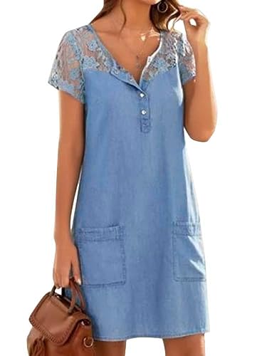 ORANDESIGNE Damen V-Ausschnitt Blusenkleid Hemdkleid Jeanskleider Kurzarm Knopf Shirtkleid Denim Dress A03-M von ORANDESIGNE
