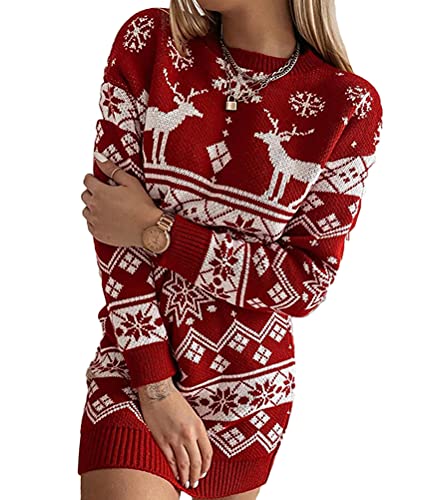 ORANDESIGNE Damen Weihnachten Pullover Lang Teenager Mädchen Strickkleid Weihnachtspulli Rentier und Schnee Langarm Christmas Pulli Weihnachtspullover Lang Minikleid Oberteile B-Rot L von ORANDESIGNE