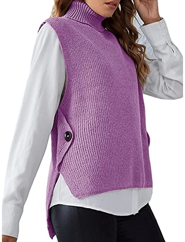 ORANDESIGNE Damen Weste Strick Patchwork Volltonfarbe Stilvoll Freizeit Ärmellos Pullover Strickjacken Rollkragen Herbst Winter Blau Purpur Rosa F Violett L von ORANDESIGNE