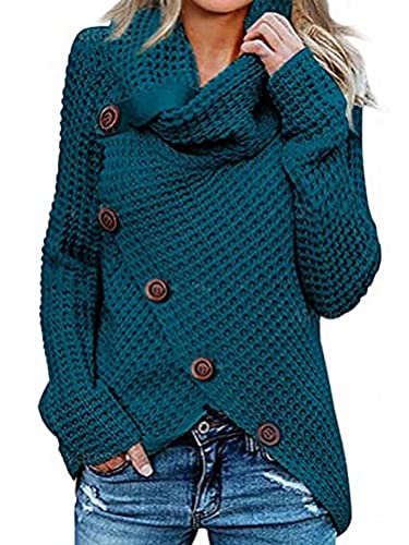 ORANDESIGNE Damen Winterjacke Warm Strickjacke Rollkragen Cardigan Strickpullover Casual Pullis Langarm Wrap Wickel Pullover Sweater A Pfauenblau XL von ORANDESIGNE