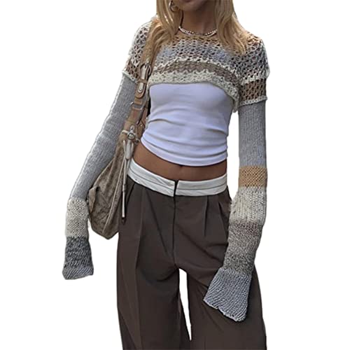 ORANDESIGNE Damen Y2K Langarm Crop Tops Häkeln Farbblock Aushöhlen Cover Up Shirt Quadratischer Hals Strickoberteil 90er E-Girl Streetwear Sexy Durchsichtiges Netz Tops A Khaki XS von ORANDESIGNE